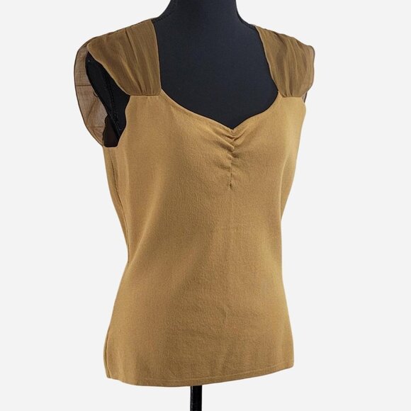 CATO Tan Sleeveless Blouse | Sheer Mesh Sleeves | Size Medium - Picture 1 of 5